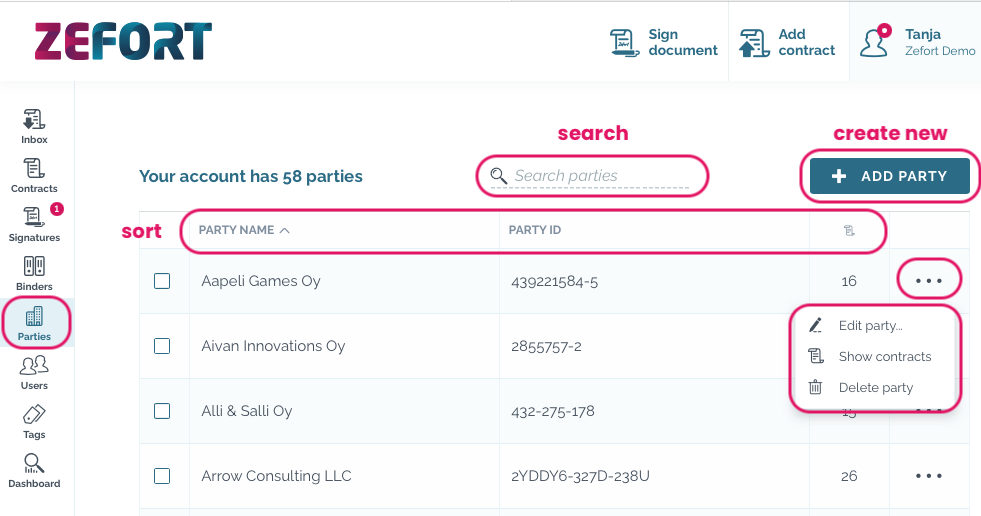 zefort search sort create parties