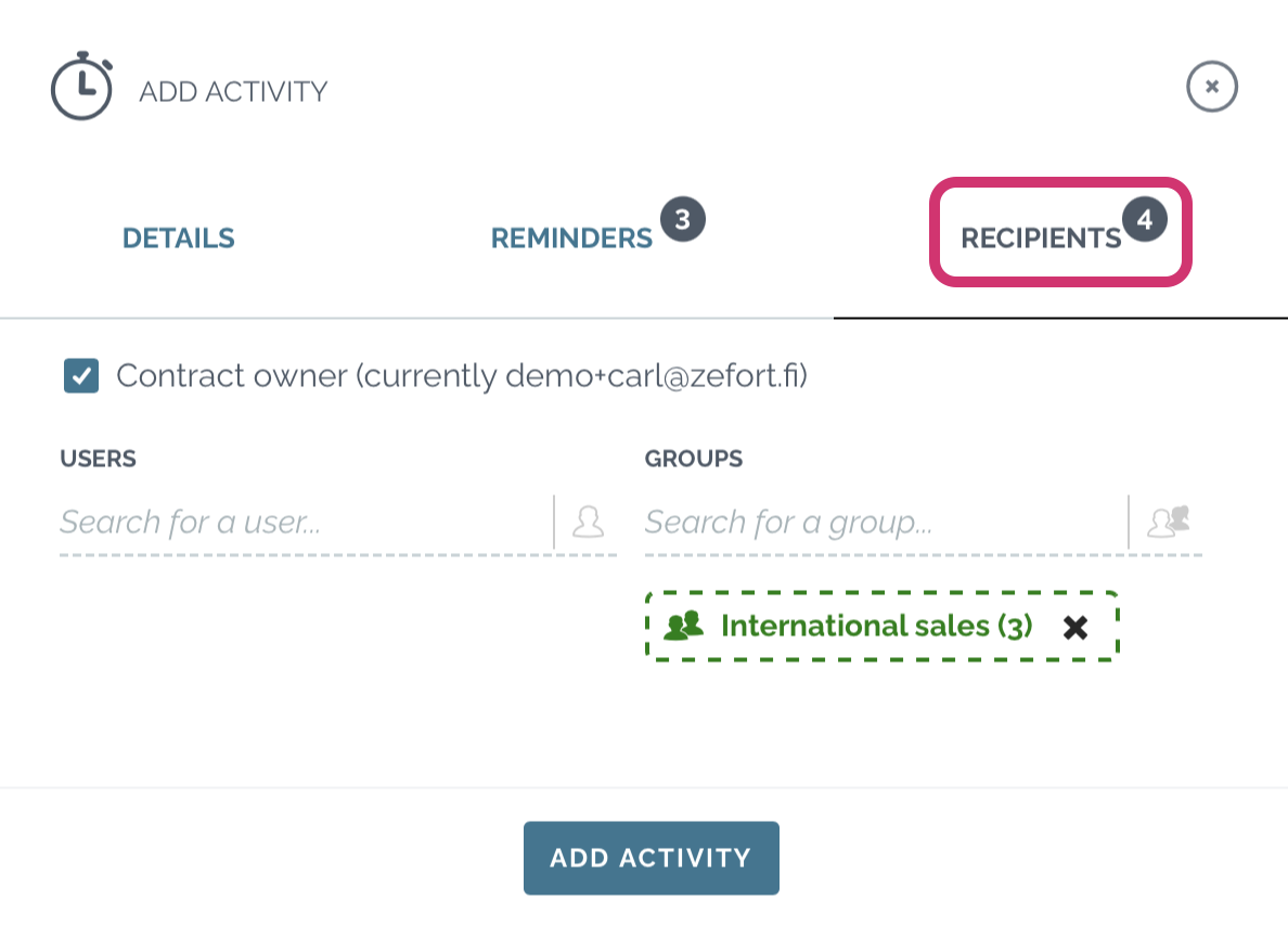 zefort add activity recipients