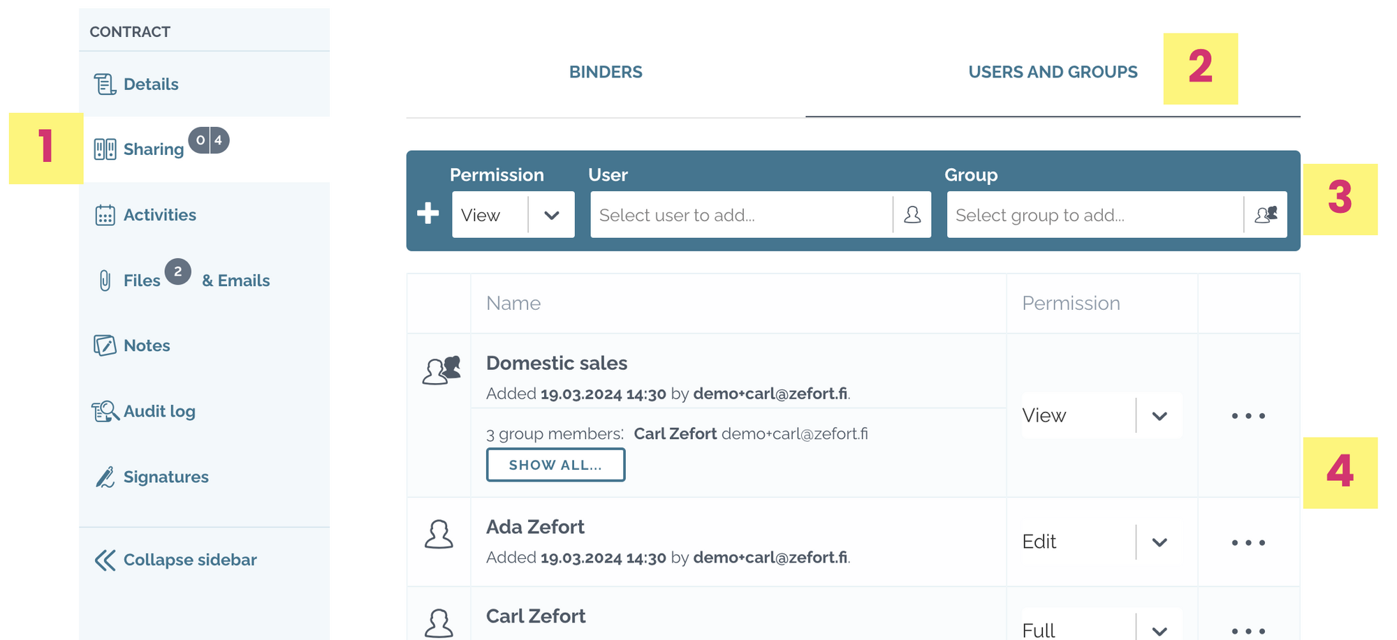 zefort sharing contracts to users and groups
