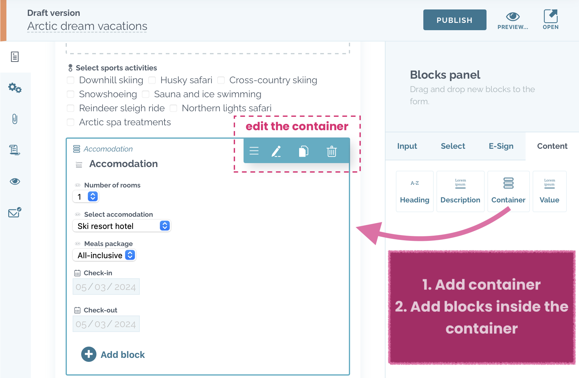 zefort forms - using container block