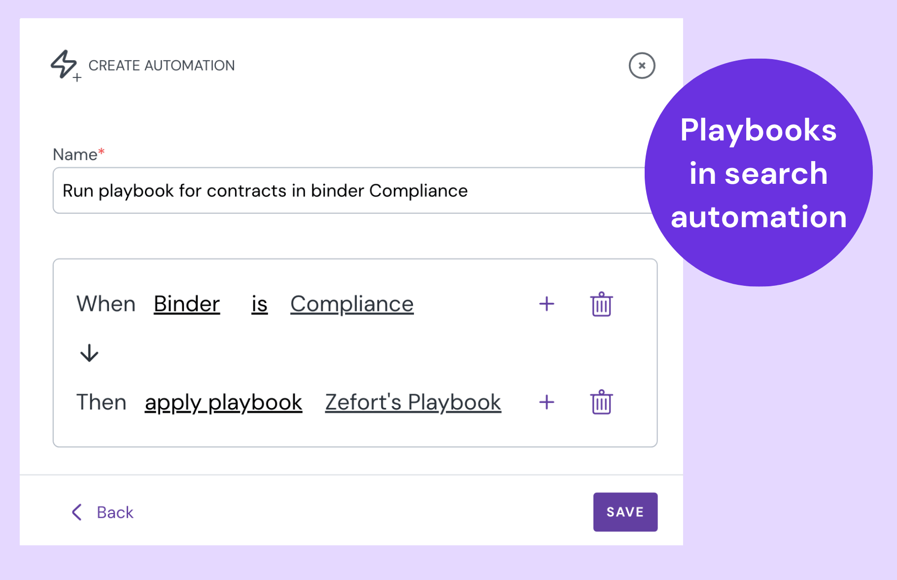 Screenshot of the "Create automation" window showing a logic-based rule that applies a playbook to contracts when they meet a specific binder criteria.