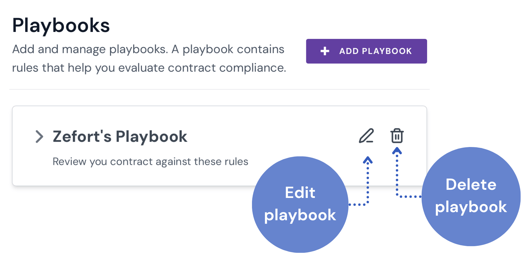 Editing or deleting an existing playbook on the Playbooks setup page.