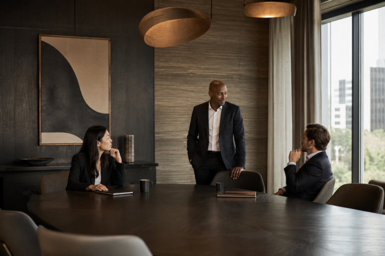 Modern boardroom with cityscape view