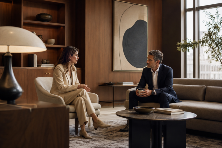 Professional lounge setting with conversation